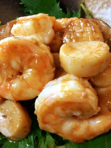 ホタテ風エリンギ海老のバター山椒バルサミコ