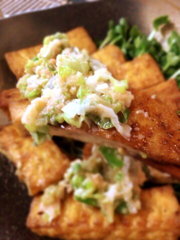 厚揚げほんだしバター醤油のネギマヨ明太焼き