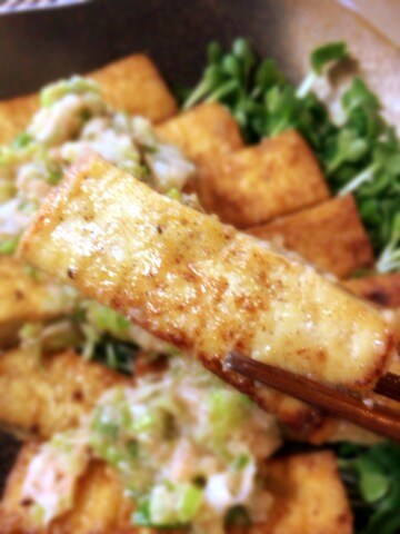 厚揚げほんだしバター醤油のネギマヨ明太焼き
