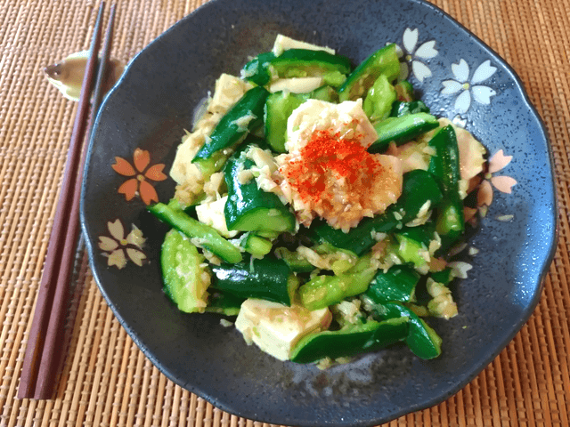 青臭さ激減の葱ガーリック山椒叩き豆腐胡瓜