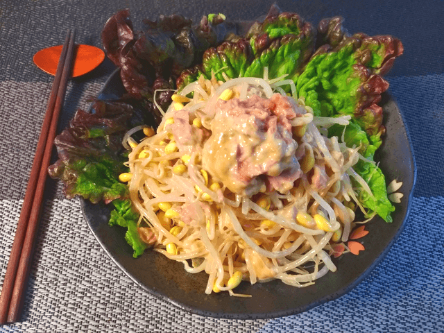もっちりサラダ感。ツナマヨ柚子胡椒の速攻豆もやし(糖質2.5g)